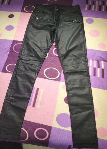 Kız Çocuk Siyah deri Fermuarlı Regular Fit Pantolon