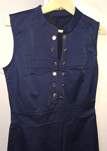 Düğmeli Lacivert Midi Ofis Elbisesi - Görsel 2