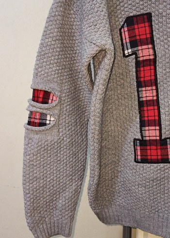 Ekose Detaylı Gri Örgü Kadın Kazak - Görsel 3