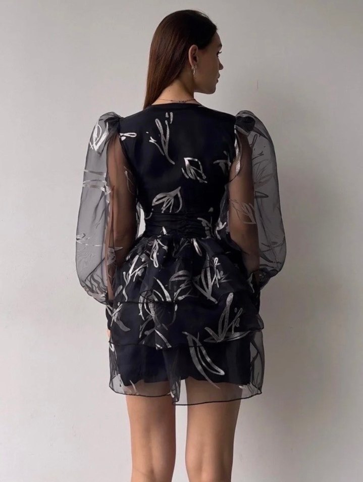 Siyah V Yakalı Transparan Mini Elbise - Görsel 2