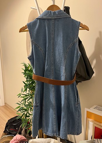 Designer Kemerli Kolsuz Denim Elbise