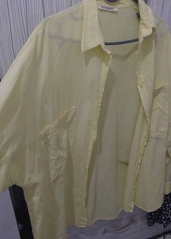 Sarı Kadın Keten Gömlek, Uzun Kollu, Düğmeli - Görsel 3