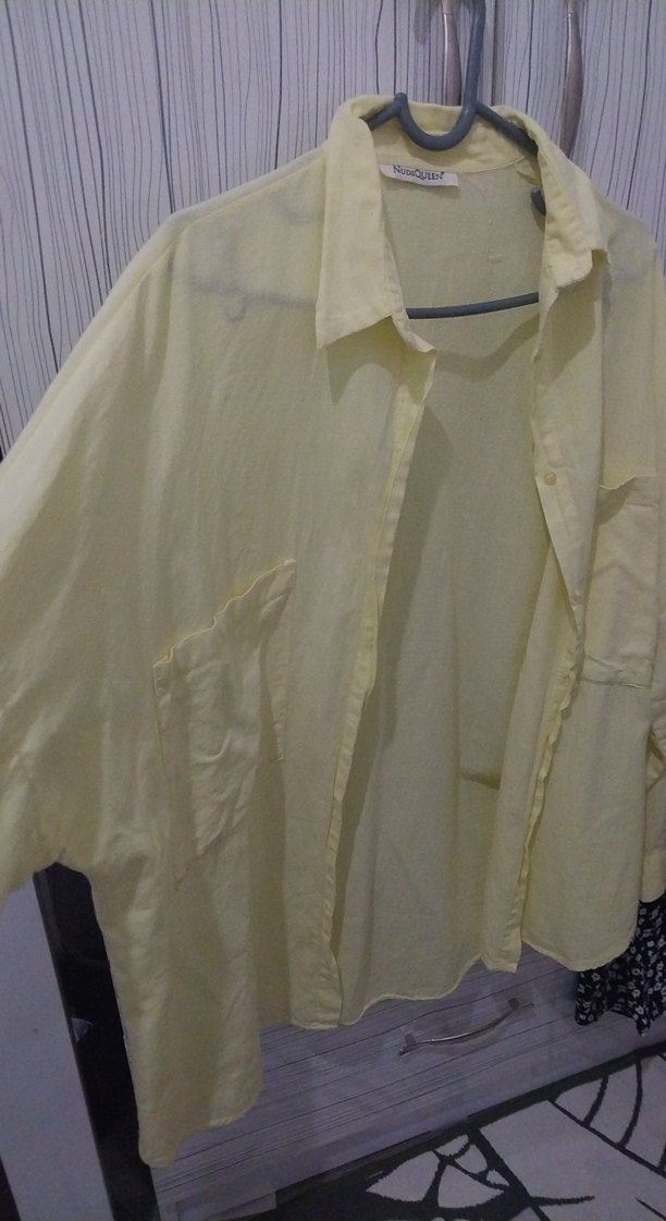 Sarı Kadın Keten Gömlek, Uzun Kollu, Düğmeli - Görsel 3