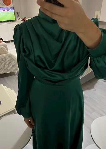 Yeşil Uzun Drapeli Kadın Abiye Elbise - Görsel 2