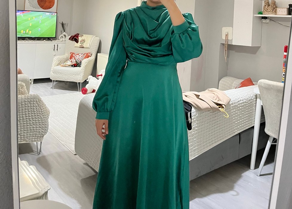 Yeşil Uzun Drapeli Kadın Abiye Elbise - Görsel 3