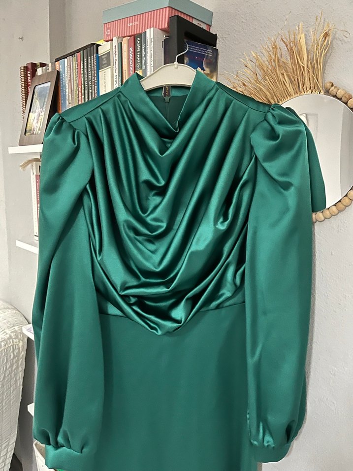 Yeşil Uzun Drapeli Kadın Abiye Elbise - Görsel 5