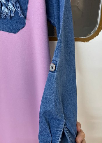 Düğmeli Pembe Midi Tunik Kot Detaylı - Görsel 2