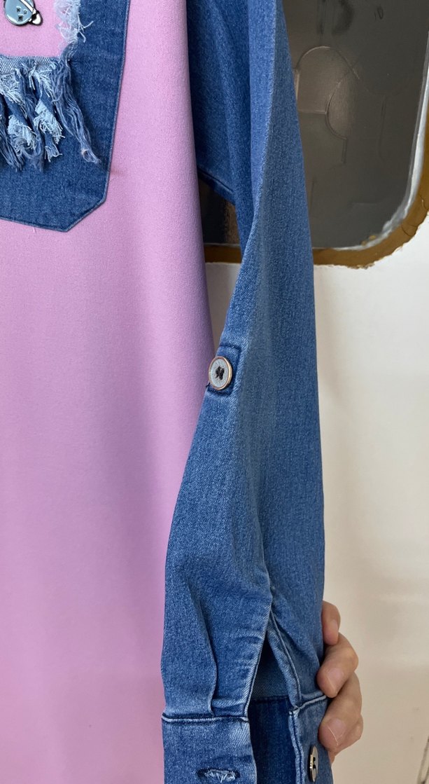 Düğmeli Pembe Midi Tunik Kot Detaylı - Görsel 2