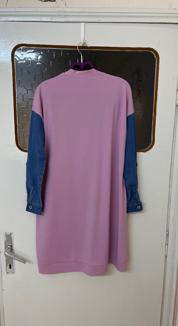 Düğmeli Pembe Midi Tunik Kot Detaylı - Görsel 5