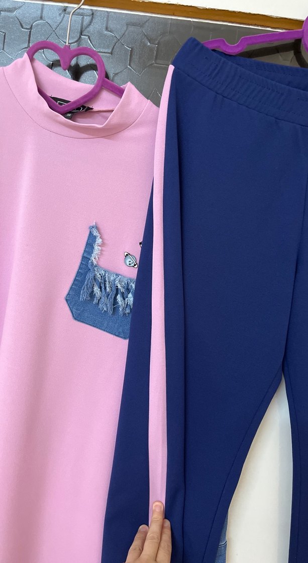 Kadın Pembe Düğmeli Uzun Eşofman Takımı - Görsel 4