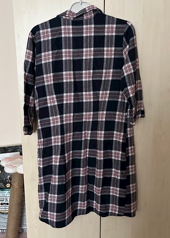 Bordo Ekose Düğmeli Kadın Midi Gömlek- elbise - Görsel 2