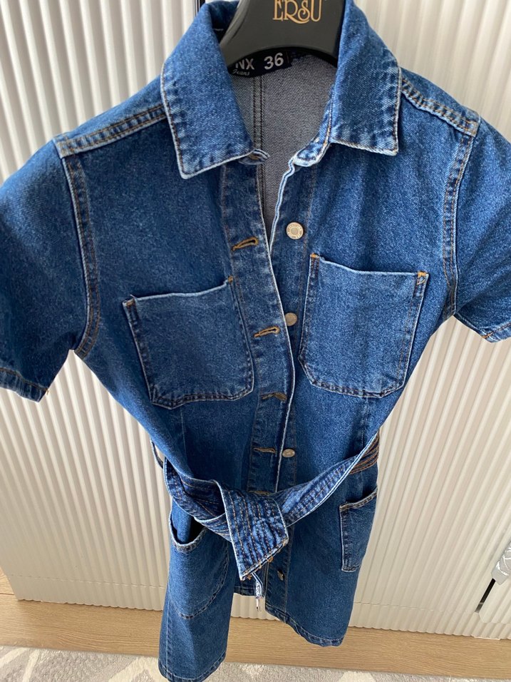 Kadın Lacivert Kot Mini Tulum - Görsel 2