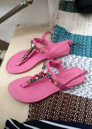 36 Beden Boncuk Detaylı Pembe Bohem Sandalet