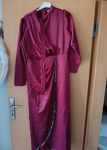 Parlak Bordo Uzun Kollu Kadın Elbise - Görsel 2