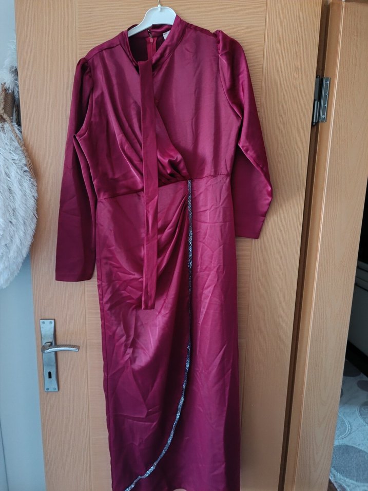 Parlak Bordo Uzun Kollu Kadın Elbise - Görsel 2