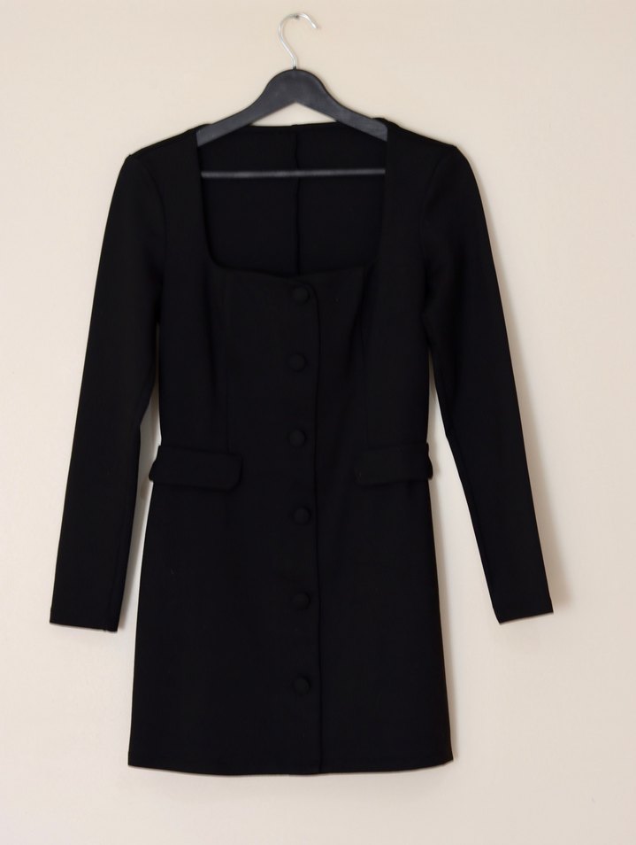 Düğmeli Siyah Midi Kadın Elbise - Görsel 2