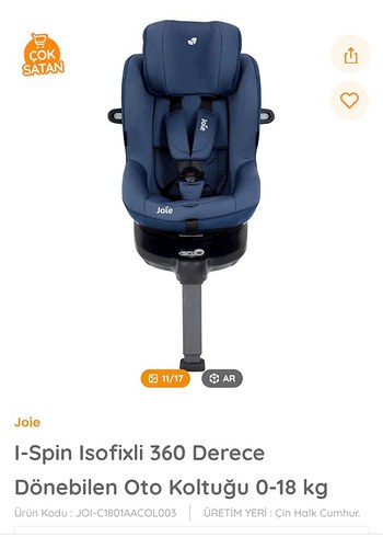 Joie I-Spin Isofixli 360° Dönebilen Oto Koltuğu 0-18 kg