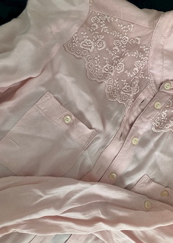 Düğmeli Pembe Vintage Gömlek - Görsel 3