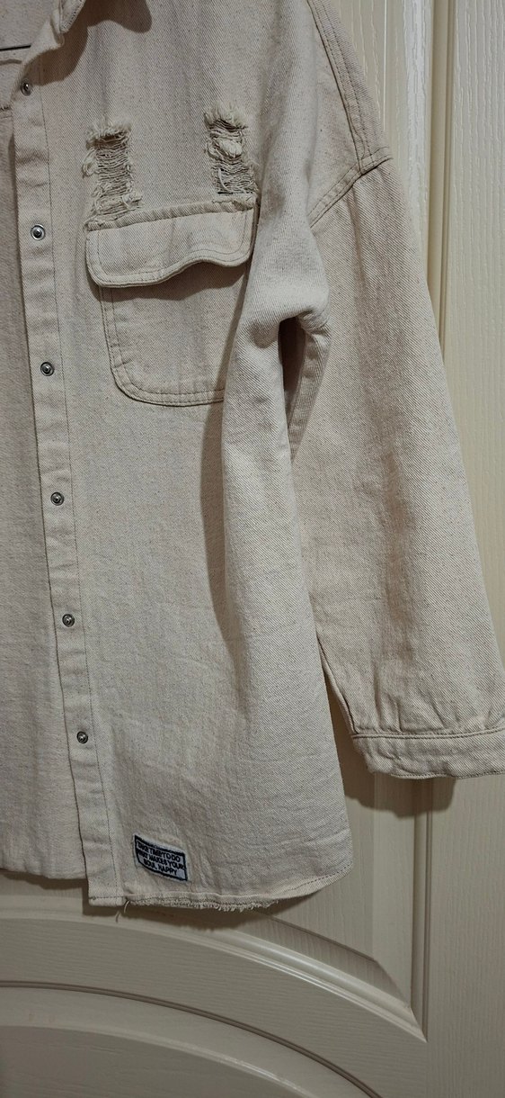 Düğmeli Bej Keten Kadın Gömlek - Görsel 3