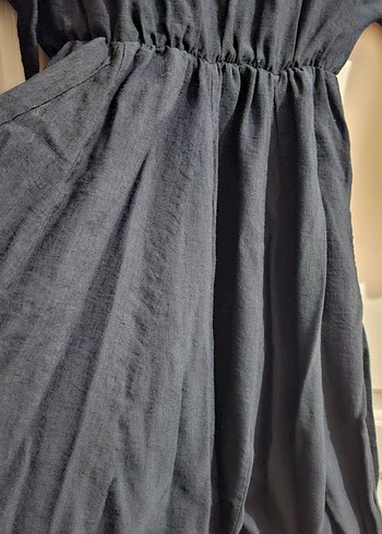 Siyah Mini Keten Salaş Elbise, Oversize beden kalıbı geniştir - Görsel 5