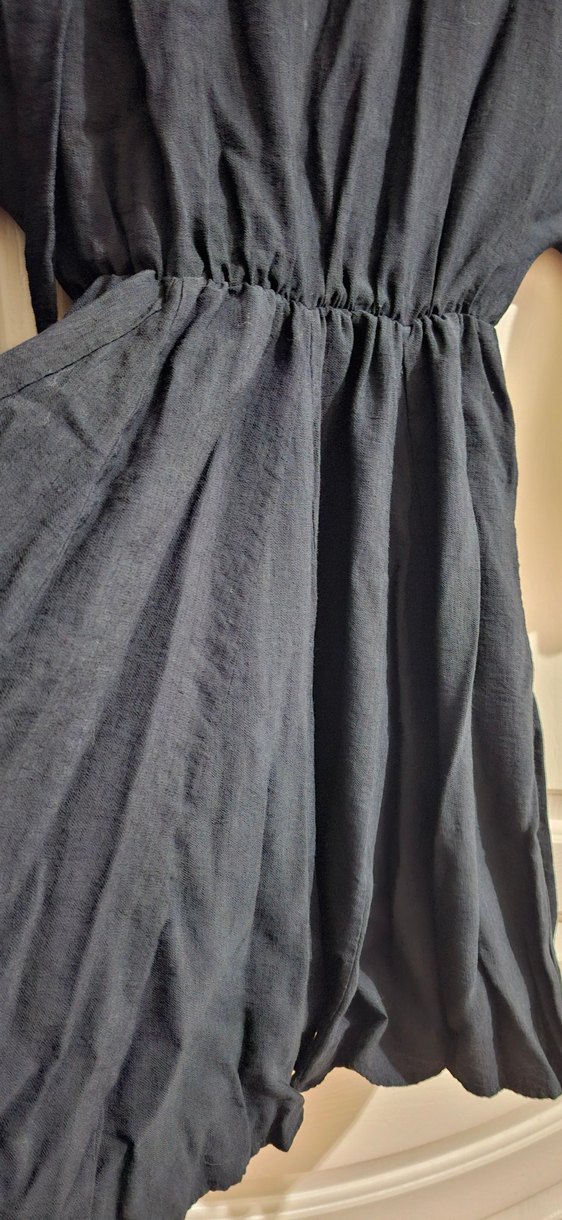 Siyah Mini Keten Salaş Elbise, Oversize beden kalıbı geniştir - Görsel 5