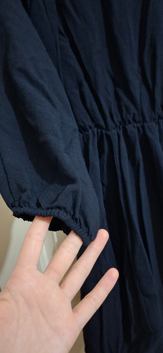 Siyah Mini Keten Salaş Elbise, Oversize beden kalıbı geniştir - Görsel 4