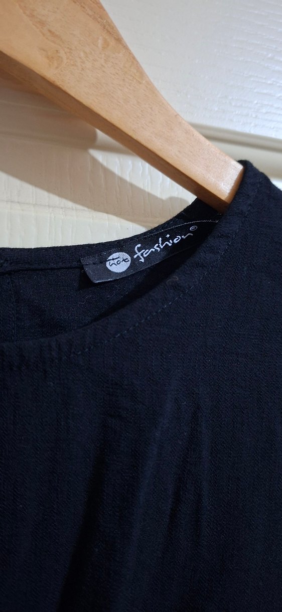 Siyah Mini Keten Salaş Elbise, Oversize beden kalıbı geniştir - Görsel 2