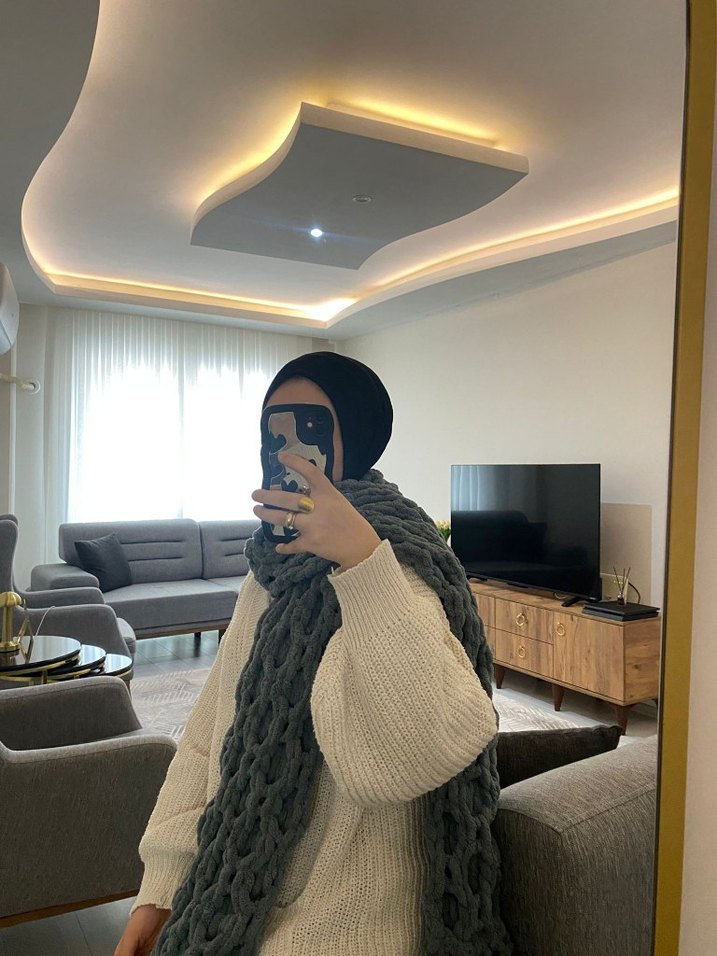 Kadın Gri Örgü Triko Şal - Görsel 2