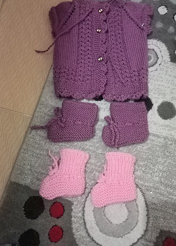 Mor Örgü Kız Hırka ve Çorap Seti - Görsel 3