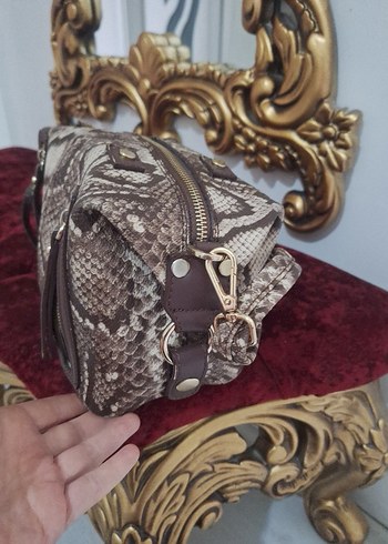 Kahverengi Deri Yılan Desenli Kadın Çanta - Görsel 2