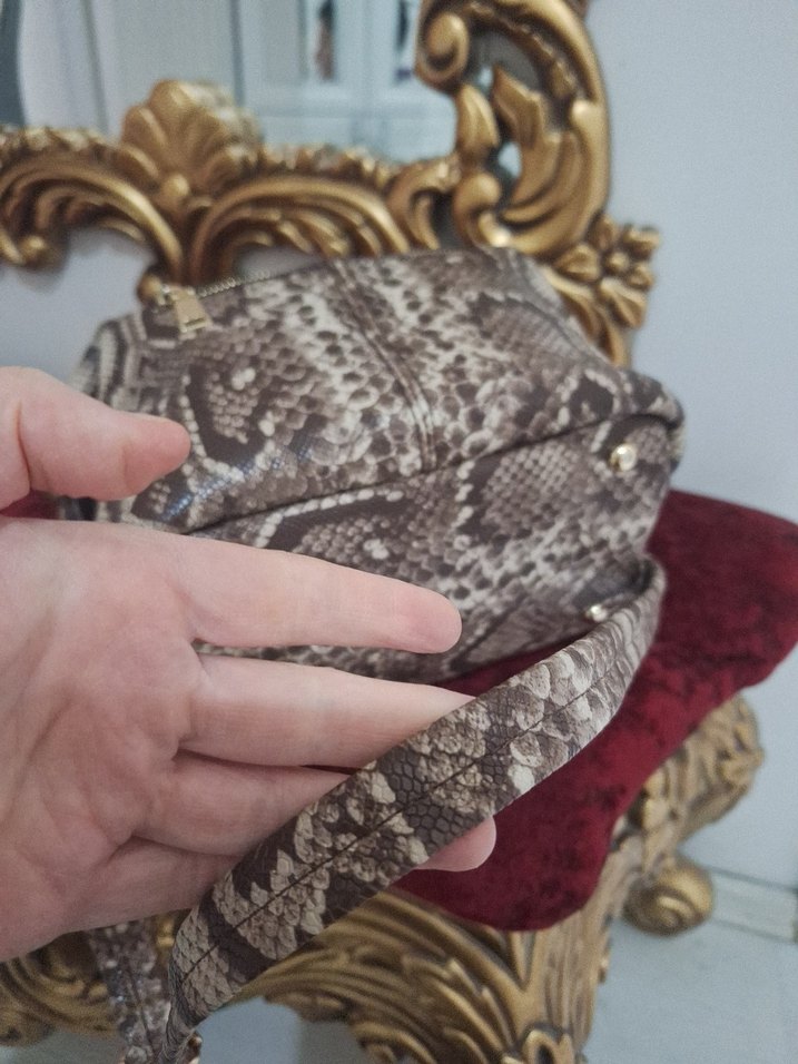 Kahverengi Deri Yılan Desenli Kadın Çanta - Görsel 5