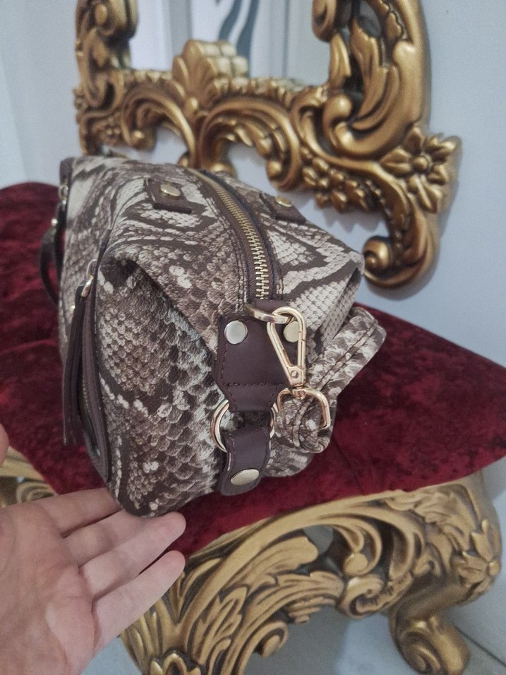 Kahverengi Deri Yılan Desenli Kadın Çanta - Görsel 2