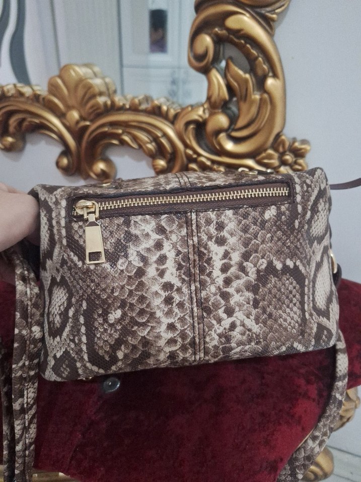 Kahverengi Deri Yılan Desenli Kadın Çanta - Görsel 4