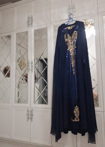 Lacivert Nakışlı Uzun Kollu Abiye Elbise - Görsel 4