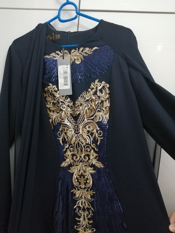 Lacivert Nakışlı Uzun Kollu Abiye Elbise - Görsel 2