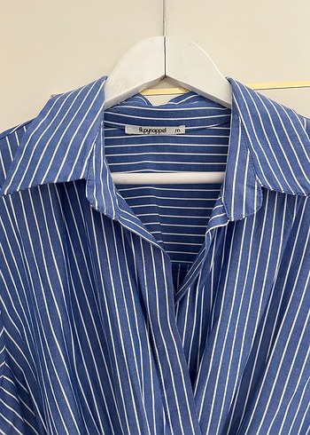 Mavi Çizgili V Yaka gömlek kısa Elbise - Görsel 2