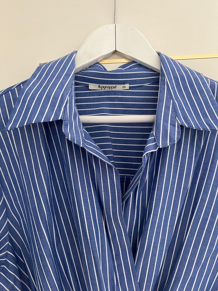 Mavi Çizgili V Yaka gömlek kısa Elbise - Görsel 2