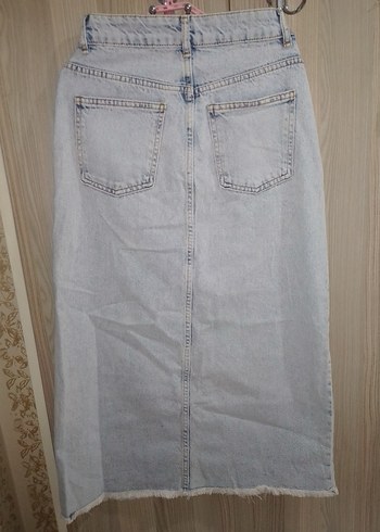 Bej Midi Denim Etek, Yırtmaçlı, Rahat Kesim - Görsel 2