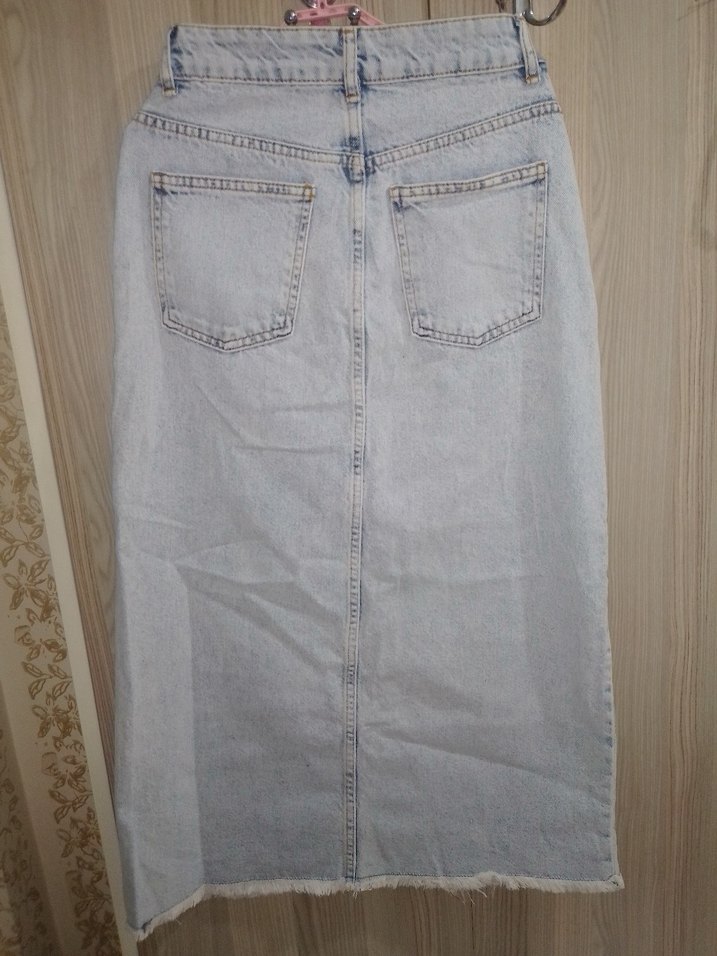 Bej Midi Denim Etek, Yırtmaçlı, Rahat Kesim - Görsel 2