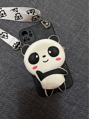 İphone 11 panda desenli askılı cüzdanlı kılıf