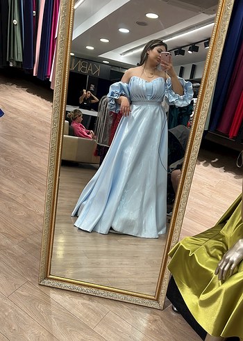 Mavi Uzun Abiye Elbise Drapeli Kollu - Görsel 2