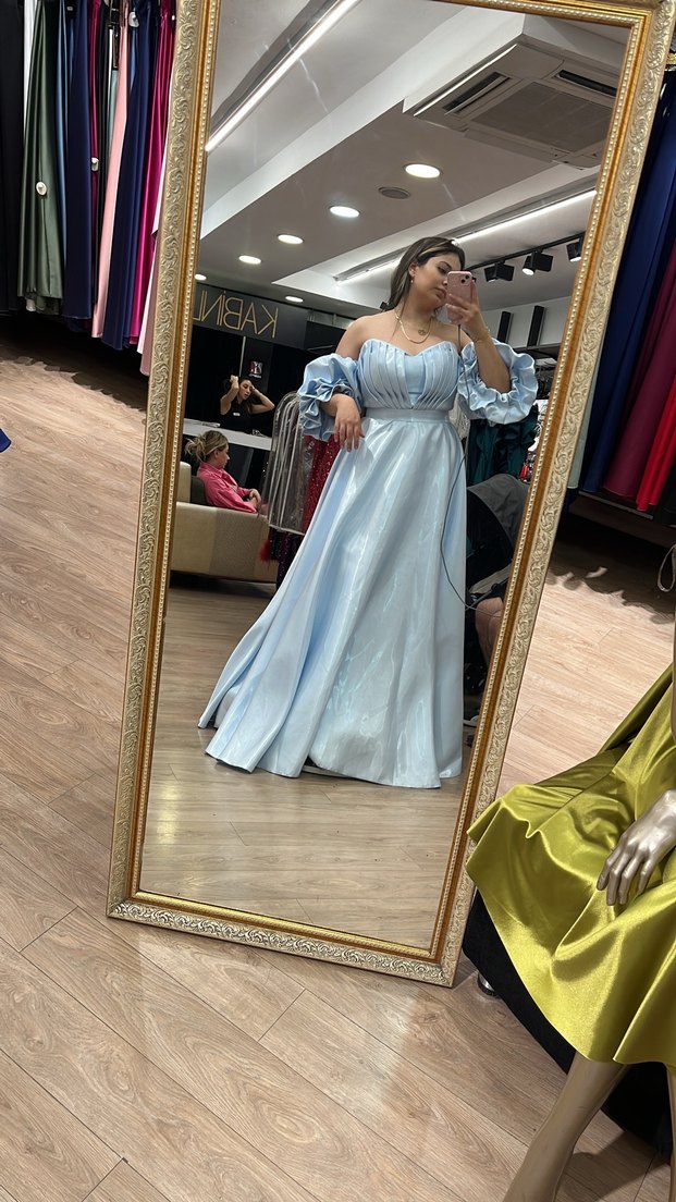 Mavi Uzun Abiye Elbise Drapeli Kollu - Görsel 2