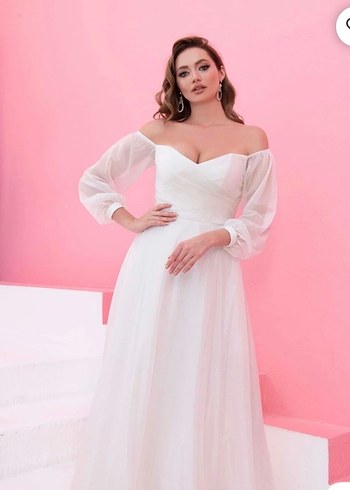 Uzun Kollu V Yaka Beyaz A Kesim Gelinlik - Görsel 2