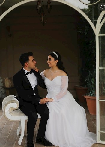 Uzun Kollu V Yaka Beyaz A Kesim Gelinlik - Görsel 3