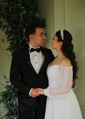 Uzun Kollu V Yaka Beyaz A Kesim Gelinlik - Görsel 4