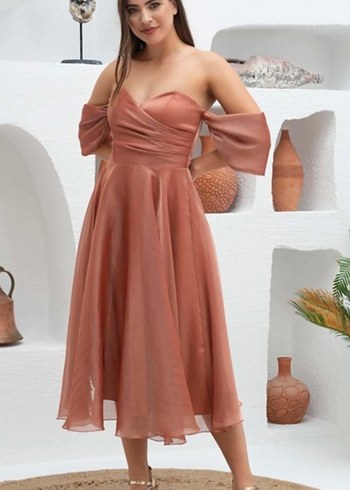 Straplez Uzun Bakır rengi Kadın Elbise - Görsel 2