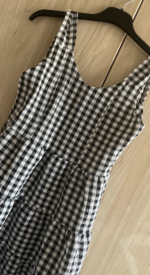 Kadın siyah beyaz gri   Kareli V Yaka Midi Elbise - Görsel 2