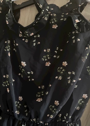 Siyah Çiçek Desenli Bohem Elbise - Görsel 2