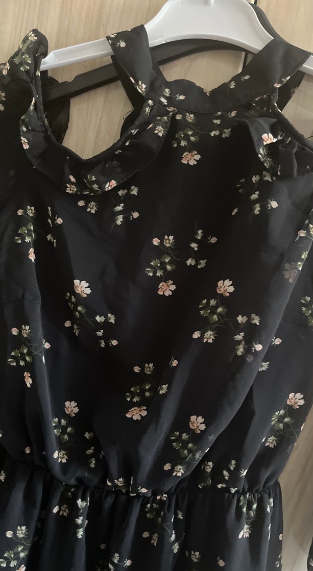 Siyah Çiçek Desenli Bohem Elbise - Görsel 2