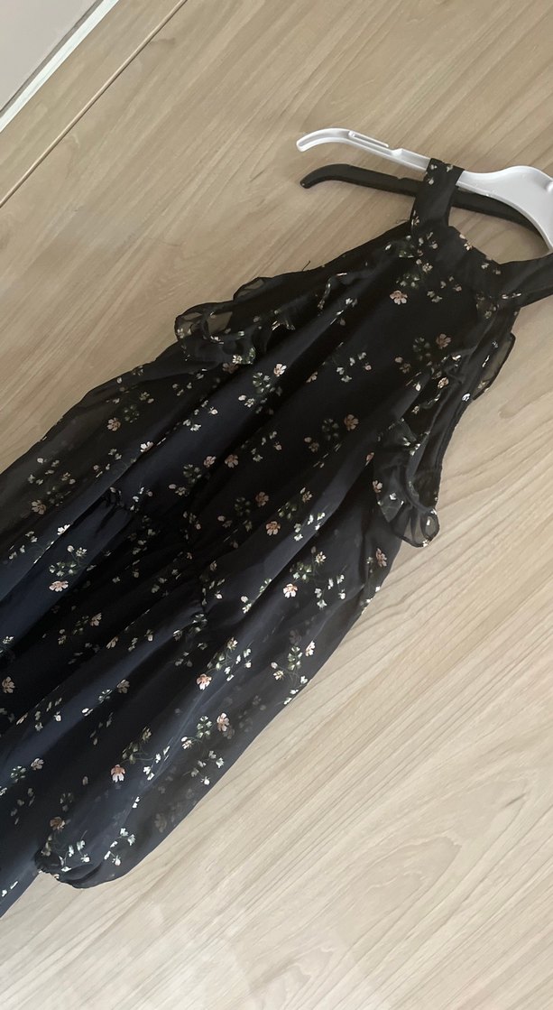 Siyah Çiçek Desenli Bohem Elbise - Görsel 4